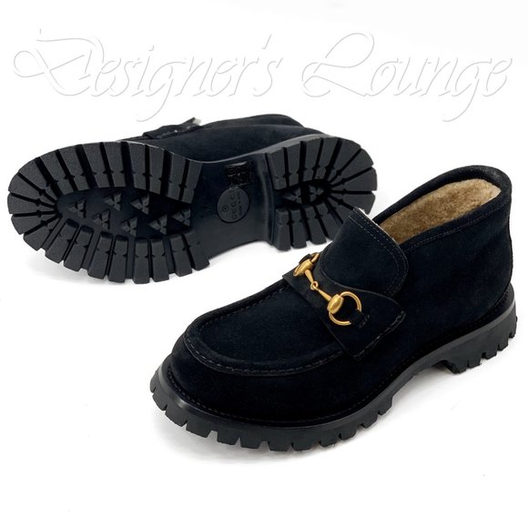 ⚡️SOLD! NEW GUCCI Horsebit Black Suede Shearling Bee Loafer Ankle Boot 8G/US 8.5 - Picture 8 of 10